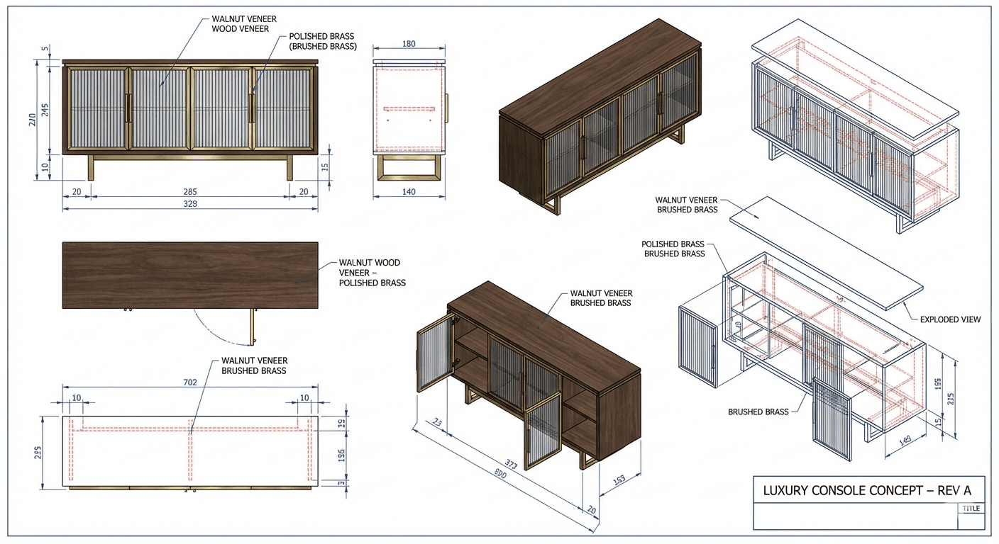 Tavole tecniche CAD di una consolle in noce e ottone